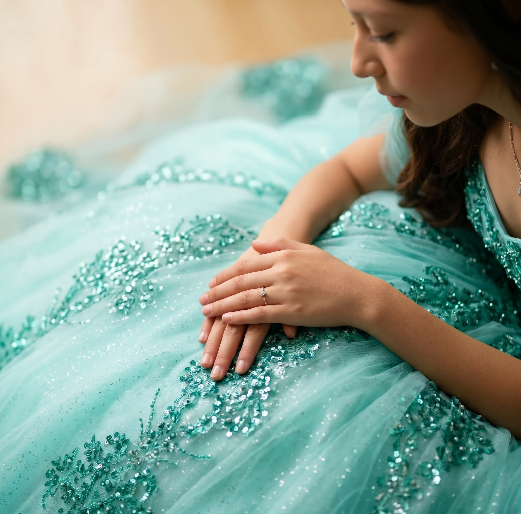 Detalle del vestido aqua, sus bordados y el movimiento de la tela