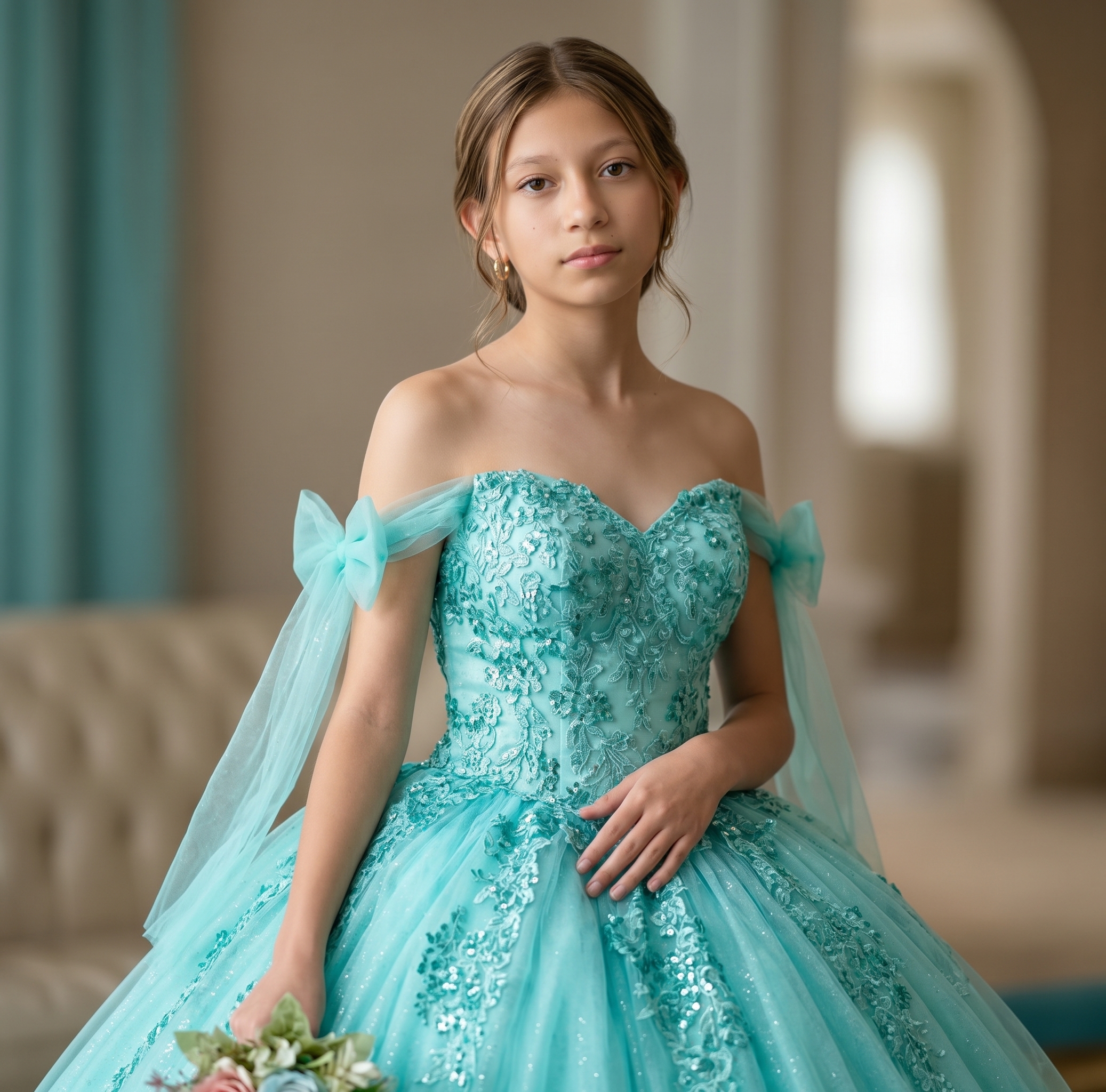 Retrato editorial de Laura Sofía con su vestido aqua
